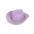 Miniature purple plastic cowboy hat toy accessory with green rhinestones and pink star - Purple Cowboy Hat With Cyan Rhinestone Chain