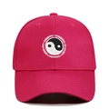 Detail of Yin Yang embroidery and Swimming text on pink cotton baseball cap - Adjustable / Rose Red
