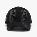 Distressed black washed denim baseball cap with ripped details and a curved brim - Black