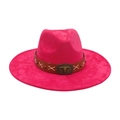 Sombrero vaquero rosa de ala ancha con banda marrón y hebilla de cabeza de toro - Rosa Roja