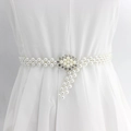 Ceinture élastique en perles blanches avec boucle fleur strass et glands de perles - Losange Argenté
