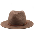 Detailed view of the woven dark brown fedora hat with a leather strap and metal buckle - Coffee