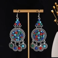 Bohemian silver drop earrings with colorful beads and coin charms on T-stand - Retro Silver Multicolor Beaded Coin Style (E3020)