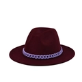 Close-up of a burgundy wide brim wool fedora hat featuring a purple chain link decoration - Wine Red (14)