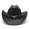 Detail van western cowboyhoed met suède textuur en zilveren metalen gesp met stierenkop - M(56-59CM) / Zwart (Textuurstijl)