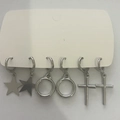 6-piece silver earring set featuring star, ring, and cross designs on white card - Silver White Cross Star (H-128)
