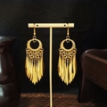 Bohemian gold peacock tassel earrings with intricate ethnic hollow leaf design details - E6091-8 Bohemian Vintage Hollow