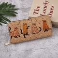 Cork texture long wallet with Halloween cats and golden zipper closure - 128E Cork Festive Cat Style