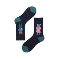 Navy blue cotton crew socks featuring cute knitted cartoon cat pattern in asymmetric style - 35-39 / Striped Cat