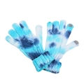 Detail of tie-dye knit gloves showing touch screen sensitive fingertips and ribbed cuffs - Tie Dye Blue