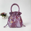 Ethnic style purple silk handbag with flower embroidery and drawstring closure - Light Purple