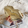 Glossy gold lip-shaped hard shell clutch bag with metallic mirror finish and chain - Gold
