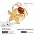 18k gold plated stainless steel starfish ring with red oval gemstone and textured finish - JZ21506E-Starfish with Ruby Red
