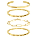 Set aus vier vergoldeten Armbändern mit Büroklammer-Gliederkette und poliertem Armreif - Gold (Glatter Armreif/Kugelkette/Büroklammerkette)