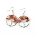 Close-up of handmade tree of life earrings with silver wire and orange crystal stones - 3cm / Silver+Red Agate