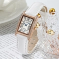 Vintage rose gold rectangular watch with white leather strap and crystal bezel - Rose Gold Case White Dial White Strap