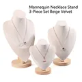 Beige velvet necklace display stands 3-piece set with wooden bases for jewelry storage - Beige Velvet 3-Piece Set