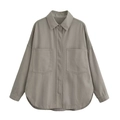 Detailed flat lay of taupe washed denim shirt jacket with large pockets and lapel collar - XS / Army Green