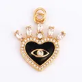 Golden heart crown pendant with black enamel evil eye and white zircon inlay details - Crown Heart Evil Eye Black