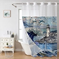 Detail of nautical shower curtain with blue lighthouse and wave patterns in bathroom - SYL-3 Maritime Lighthouse Pattern (Single Curtain) / 181x188cm