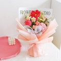 Handmade crochet sunflower and rose bouquet in pink wrapping for teacher gift - Mulberry Pollen Color