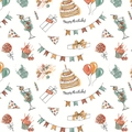 Happy Birthday wrapping paper with hand-drawn cake, balloons and gift box patterns - Striped Balloon Cake