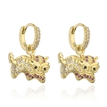 Close-up of 18K gold mythical beast earrings with zircon and red stone details - Qilin Red White Zircon