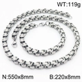 Men's silver stainless steel Byzantine chain set with Greek pattern engraving - Silver Color Set (KS217375-JG)