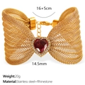 Golden mesh butterfly bracelet featuring a large red heart zircon and shiny rhinestones - Dark Red