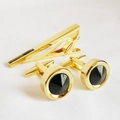Elegant gold men's tie clip and cufflink set featuring faceted black crystal stones - Set / Gold/Black Zirconia
