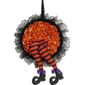 Halloween witch legs wreath with black lace, orange fabric and striped sequined boots - Orange Witch Leg Wreath (429BB) / Orange