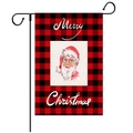 Merry Christmas garden flag detail featuring a watercolor Santa on red buffalo plaid linen - Style 7