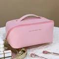 Large rose pink PU leather makeup bag with gold lettering and top handle for travel - Rose Pink