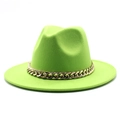Macro detail of neon green wool fedora hat featuring a chunky gold chain accessory - Fruit Green