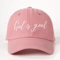 Adjustable pink cotton baseball cap featuring white God is good text print for outdoor style - One Size / Deep Pink