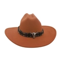 Classic tan cowboy felt hat with flat brim and decorative silver bull skull band - Khaki