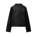 Back view of classic black faux leather jacket with stand collar and sleek seam detailing - S / Black
