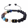 Macro view of solar system bead bracelet with letter J charm and natural stones - Letter J