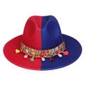 Two-tone red and blue fedora hat with bohemian tassel and shell band ornaments - Red Blue With Shells Tassels