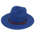 Detail of navy straw Panama hat with woven texture and brown faux leather belt buckle - Sapphire Blue