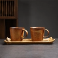 Brown glazed Japanese vintage ceramic coffee cup set with three pieces and rustic tray - 252 Comb-patterned Cup + Long Saucer (3-piece Set) 240ml / Universal