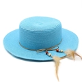 Detailed close-up of sky blue boater hat showing straw weave texture and feather tassel - M (56-58cm) / Lake Blue