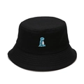 Black cotton bucket hat with blue dinosaur embroidery on plain white background - M (56-58cm) / Black