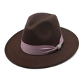 Detail of dark brown wool felt hat featuring a purple ribbon and rhinestone buckle - Dark Coffee
