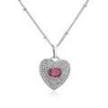 Close-up of heart pendant necklace with red oval gemstone and pave zircon stones - White Gold Oval Red Zirconia