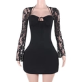 Close-up of black bodycon lace dress featuring sheer sleeves and halter neckline detail - S / Black