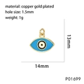Ciondolo occhio blu placcato oro con dimensioni e dettagli del foro da 1,5mm - P01699 Piccolo Occhio Blu