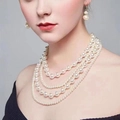 Detail shot of elegant four-layer pearl necklace and matching earrings on a model - Dopamine Style Multi-Layer Pearl Jewelry Set