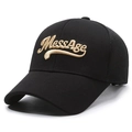 Black breathable baseball cap with MessAge embroidery and curved brim in 45-degree view - Adjustable / Black with Gold Embroidery