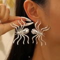 Gothic style silver spider earrings with sparkling rhinestones for Halloween wear - Bright Silver Style (Bright Silver X372)